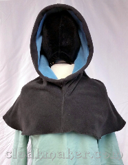 Cloak:H151, Cloak Style:Regular Hood, Cloak Color:Black, Fiber / Weave:Windbloc Fleece, Hood Lining:self lined in sky blue, Back Length:10", Neck Length:L - neck 26", Seasons:Winter, Fall, Spring, Note:This hood is made from a black fleece<br>and is self lined with a sky blue.<br>Machine wash cold on gentle,<br>don't dry clean or use fabric softener.<br>26" neck hole.<br>Pictured on tunic J580,<br>tunic not included..