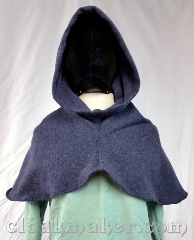 Cloak:H152, Cloak Style:Regular Hood, Cloak Color:Heathered Blue, Fiber / Weave:80% wool, 20% nylon, Hood Lining:unlined, Back Length:8.5", Neck Length:XL - neck 27", Seasons:Southern Winter, Note:This hood is made from a<br>heathered blue wool blend.<br>Dry clean only.<br>27" neck hole.<br>Pictured on tunic J580,<br>tunic not included..