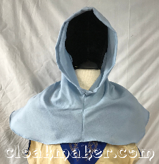 Cloak:H155, Cloak Style:Regular Hood, Cloak Color:Baby blue, Fiber / Weave:80% wool, 20% nylon, Hood Lining:Unlined, Back Length:9", Neck Length:M - neck 23", Seasons:Spring, Fall, Note:This hood is made from a<br>baby blue wool blend.<br>Dry clean only.<br>23" neck hole. 9" back length<br>from base of neck.<br>Pictured on tunic J559,<br>tunic not included..