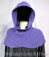 Cloak:H159, Cloak Style:Regular Hood, Cloak Color:Periwinkle Purple, Fiber / Weave:80% wool, 20% nylon, Hood Lining:unlined, Back Length:9", Neck Length:L - neck 26", Seasons:Spring, Fall, Note:This hood is made from a periwinkle purple<br>washed wool blend and is<br>light weight and breathable.<br>Machine wash on delicate cycle,<br>let hang to dry.<br>26" neck hole.<br>9" back length from base of neck.<br>Pictured on tunic J501,<br>tunic not included..