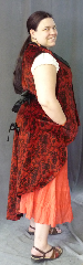 Cloak:W142, Cloak Style:Waist Coat, Cloak Color:Red with Black Rose pattern, Fiber / Weave:Cotton Velveteen with Kasha Satin Lining, Cloak Clasp:Buttons, Hood Lining:N/A, Back Length:52", Neck Length:Chest 44".