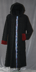 Cloak:W158, Cloak Style:Robe Coat, Cloak Color:Black, Fiber / Weave:Fleece, Cloak Clasp:Snap Button Front, Hood Lining:Unlined, Back Length:54", Neck Length:24", Seasons:Winter, Fall, Spring, Note:A warm fleece coat with blue and<br>silver trim accented with red cuffs.<br> A snap button front can be used<br>indoors or outdoors.<br>Machine wash cold gentle tumble dry..