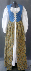 Bodice Gown ID:B246, Bodice Color:medium bright blue, Bodice Fiber:cotton duck, Bodice Style/ Closure:Irish dress, lace-up front, Skirt Color:tan, olive, blue, brown floral, Skirt Fiber:cottonChest Measurement:30", Length:55.5".