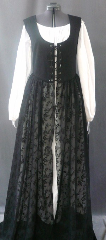 Bodice Gown ID:B251, Bodice Color:black, Bodice Fiber:cotton twill, Bodice Style/ Closure:irish dress, lace-up front, Skirt Color:black, Skirt Fiber:polyester crinkle sheer flockedChest Measurement:42", Length:62".