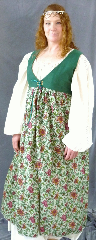 Bodice Gown ID:B270, Bodice Color:stone green, Bodice Fiber:Cotton velveteen, Bodice Style/ Closure:italian Renaissance, Skirt Color:burgundy, rose, green, mustard, floral pattern, Skirt Fiber:cottonChest Measurement:40" +, Length:53".