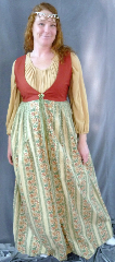 Bodice Gown ID:B272, Bodice Color:rust, Bodice Fiber:cotton, Bodice Style/ Closure:italian Renaissance, Skirt Color:beige, green, rust floral pattern, Skirt Fiber:cottonChest Measurement:34"+, Length:62".