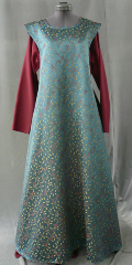 Gown ID:G572, Gown Color:Blue Green Floral Print, Style:Sideless Surcoat (Surcote), Sleeve:None, Neckline Type:Scoop, Fabric:Polyester Tapestry Brocade, Hip:50", Back Length:51".