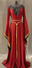 Gown ID:G581, Gown Color:Brick Red, Style:12th Century, Sleeve:Long drop sleeve, Trim:Simply Paisley, Neckline Type:Keyhole with contrast fabric border, Fabric:Tencel, Sleeve Length:31", Back Length:57".