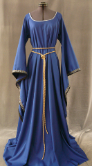 Gown ID:G582, Gown Color:Royal Blue, Style:12th Century, Sleeve:Long drop sleeve, Trim:Silver Blue Running Vine, Neckline Type:Scoop with Silver braid at edge, Fabric:Rayon Polyester, Sleeve Length:30", Back Length:61".