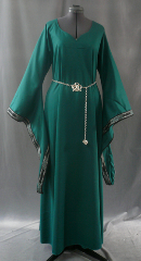 Gown ID:G595, Gown Color:Emerald Green, Style:12th Century, Sleeve:Long drop sleeve with black/silver/green Mongol Knot Trim at edge, Trim:Mongol Knot trim - black/silver/green, Neckline Type:Sweetheart V neck, Fabric:Rayon Poly Twill, Sleeve Length:31", Back Length:56".