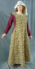 Gown ID:G629, Gown Color:Leaf & Vine Tapestry Weave, tan, dark brown, olive green & burgundy, Style:Sideless Surcoat (Surcote), Sleeve:None, Trim:None, Neckline Type:Scoop, Fabric:Polyester Tapestry Brocade, Machine Washable, Hip:64", Back Length:52".