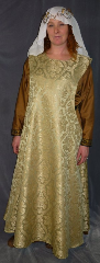 Gown ID:G631, Gown Color:Gold Celadon Beige, Style:Sideless Surcoat (Surcote), Sleeve:None, Trim:None, Neckline Type:Scoop, Fabric:Brocade polyester, Hip:54", Back Length:53".