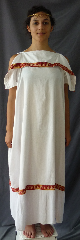 Gown ID:G696, Gown Color:White, Style:Greek Chiton, Trim:Greek Key on neck and mid-calf, Neckline Type:Straight, Fabric:Cotton Satin, Back Length:52".