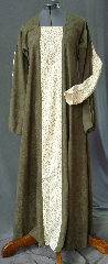 Gown ID:G699, Gown Color:Olive Green with green vine on natural front panel, Style:Other, Sleeve:Straight undersleeve in natural linen/cotton with vine print with split oversleeve, Trim:None, Neckline Type:Square, Fabric:Robe Velour with linen/cotten sleeves, Sleeve Length:31", Back Length:54".