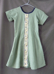 Gown ID:G728, Gown Color:Foam Green Dress with Trim down Front, Style:Child Gown, Sleeve:Short, Trim:Elizabethan floral trim on Front, Fabric:Linen, Back Length:26".