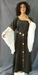 Gown ID:G729, Gown Color:Dark Olive green with Sheer Georgette sleeves, Style:12th Century, Sleeve:Long Georgette Drop Sleeve with Tapestry Roses trim at bicep, Trim:Tapestry Roses trim on bicep, Neckline Type:Ballet, Fabric:Moleskin, Sleeve Length:34", Back Length:54".