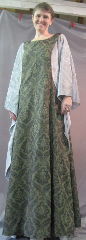 Gown ID:G738, Gown Color:Green and Black Jacquard, Style:Sideless Surcoat (Surcote) shown with G743 - 12th Century (sold separately), Sleeve:None, Trim:None, Neckline Type:Scoop, Fabric:Polyester Brocade, Hip:52", Back Length:60".