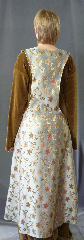 Gown ID:G755, Gown Color:Pale Cornflower Blue Jacquard with brown, cream, coral leaves & flowers, Style:Sideless Surcoat (Surcote) shown with G745 - 12th Century (sold separately), Trim:None, Neckline Type:Round, Hip:36", Back Length:56".