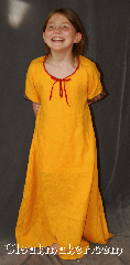 Gown ID:G907, Gown Color:Marigold Yellow, Style:Child Dress 12th century, Sleeve:Short Sleeve with red gold and blue Celtic knot trim on bicep, Trim:red gold and blue Celtic knot trim on bicep, Neckline Type:Keyhole trimmed with red ties, Fabric:Linen, Sleeve Length:13", Back Length:43".