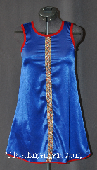 Gown ID:G910, Gown Color:Royal Blue, Style:Short dress, Sleeve:Sleeveless with red trim on edges, Trim:Celtic knot down center, Neckline Type:Round trimmed with red, Fabric:Synthetic Polyester, Back Length:26".