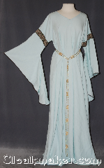 Gown ID:G939, Gown Color:light blue/green, Style:12th Century, Sleeve:long Drop Sleeve olive bias tape, Trim:Paisley fish green, Neckline Type:V-Neck, Fabric:Linen<br>Machine washable, Sleeve Length:29", Back Length:60".