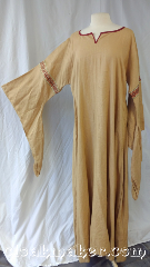 Gown ID:G966, Gown Color:Tan Ecru, Style:12th Century, Sleeve:Long drop sleeves<br>can be removed or replaced<br>with a different type of<br>sleeve upon request, Trim:Rusty Diamonds<br>trim around arms, Neckline Type:Keyhole, Fabric:Linen, Sleeve Length:31", Back Length:59".