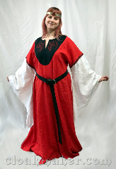 Gown ID:G971, Gown Color:Red with black collar, Style:12th Century<br>Red dragon embroidery, Sleeve:white drop sleeves, Trim:Red and black medium<br>3 strand celtic braid, Neckline Type:keyhole, Fabric:100% linen, Sleeve Length:33.5", Back Length:56".