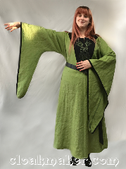 Gown ID:G979, Gown Color:spring green, Style:12th Century, Sleeve:drop sleeve with matching<br>black bias edging, Trim:none, Neckline Type:keyhole neckline<br>green dragon and triquetra<br>knotwork embroidery<br>on a black collar, edged with<br>black bias tape detail., Fabric:100% linen, Sleeve Length:30", Back Length:52".