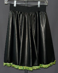 Skirt:K152, Skirt Color:Black with green lace bottom, Fiber:Pleather with lace bottom, Length:20", Waist:26-34".