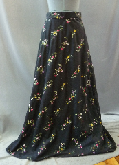 Skirt:K157, Skirt Color:Black with floral vines, Skirt Style:Victorian Walking Skirt, Fiber:Polyester Moleskin, Length:45", Waist:up to 37".