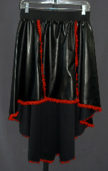 Skirt:K165, Skirt Color:Black with red lace, Fiber:Pleather with lace front & bottom, Length:Front 18"; Back 32", Waist:28-40".