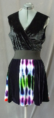 Skirt:K184, Skirt Color:Black and Multi-colored Tie dye, Skirt Style:Dance skirt, Fiber:Rayon Acetate Velvet, Length:19", Waist:up to 36".