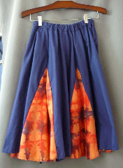 Skirt:K235, Skirt Color:Blue with orange multi tie-dye gores, Skirt Style:Dance skirt, Length:25", Waist:up to 37".