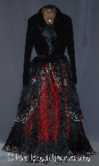 Skirt:K312, Skirt Color:Black, Skirt Style:A Line with<br>attached wrap<br>Sheer Black skirt with<br>embroidered roses with<br>attached matching<br>over skirt<br>Shown with red<br>underskirt, Fiber:Organza, Length:41", Waist:up to 40".