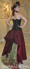 Skirt:K351, Skirt Color:Burgundy, Skirt Style:Long Asymmetric<br>Bustle sold separately., Fiber:Polyester Satin Raincoat, Length:37"-47", Waist:30".