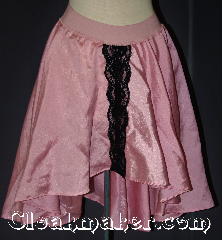 Skirt:K364, Skirt Color:Pink, Skirt Style:Short Asymmetric<br>Solid Pink with Black<br>wide beaded trim<br>Stripe in front, Fiber:Polyester Nylon<br>Shimmer, Length:16"-26", Waist:40".