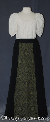 Skirt:K408, Skirt Color:black with green brocade front, Skirt Style:Asymmetric Victorian Walking Skirt, Fiber:Polyester, Length:47", Waist:up to 68".