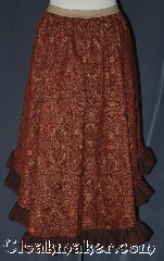 Skirt:KB029, Skirt Color:Maroon yellow and brown<br>tapestry with brown Chiffon ruffles, Skirt Style:Bustle<br>dry clean or hand wash only<br>sold separately<br>shown with  K381 KB035, Fiber:Cotton, Length:up to 33", Waist:Panel 20".