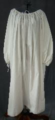 Chemise:P344, Chemise Color:White, Neck Style:Drawstring, gathered, Sleeve Style:Long sleeves<br>gathered drawstring cuff, Fiber:Cotton, Hip:To 80", Arm:30", Length:51".