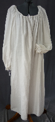 Chemise:P345, Chemise Color:White, Neck Style:Drawstring, gathered, Sleeve Style:Long sleeves<br>gathered drawstring cuff, Fiber:Cotton, Hip:To 80", Arm:34", Length:52".