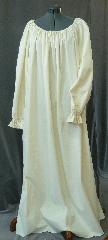 Chemise:P354, Chemise Color:Natural, Neck Style:Drawstring, gathered, Sleeve Style:Long sleeves<br>gathered elastic cuff, Fiber:Unbleached Cotton Muslin, Hip:To 80", Arm:27", Length:58".