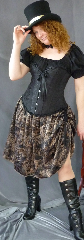 Skirt:K67, Skirt Color:Black Print on Tan/ Tan and Black Brocade, Skirt Style:Reversible Double Rouched, Fiber:Poly Brocade/Print, Length:22", Waist:60".