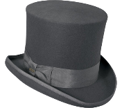 A grey wool felt top hat which can be accessorized with various hat bands and Victorian hat pins and brooches.