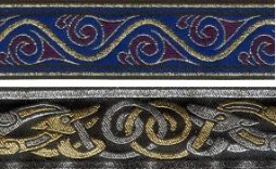 An image of two samples of machine-washable trim, one zoomorphic metallic trim with celtic beasties available in multiple colour combinations which include silver, gold, blue, red and grey, and one more geometric design called stylized swirl with gold, blue and maroon, which can be sewn onto garments to enhance and customize clothing.