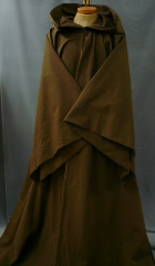 Robe:R102, Robe Style:Obi-Wan/Qui Gon, Robe Color:Medium Dark Brown, Front/Collar:Hooded with Brown cloth-covered hook and eye, Approx. Size:L to XXXL, Fiber:97% Heavy Cotton Twill 3% Lycra, Neck Length:23", Sleeve:36", Chest:60", Length:67", Height:6'7".