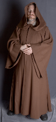 Robe:R110, Robe Style:Jedi Robe, Episode II and III Obi-Wan, Robe Color:Cinimon Brown, Front/Collar:Hooded with Brown cloth-covered hook and eye, Approx. Size:L to XXL, Fiber:100% Wool Melton - Heavy (Dry Clean Only), Neck Length:23", Sleeve:33", Chest:55", Length:56", Height:5'9".