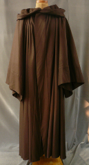 Robe:R118, Robe Style:Qui Gon Robe, Robe Color:Dark Brown, Front/Collar:Hooded with Brown cloth-covered hook and eye, Approx. Size:L to XXXL, Fiber:Fine Wool Flannel, Neck Length:28", Sleeve:35", Chest:54", Length:54", Height:Up to 5'4".