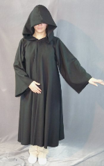 Robe:R148, Robe Style:Sith, Robe Color:Black, Front/Collar:Hooded with Black heavy duty snap, Approx. Size:Small Adult - Teen Junior, Fiber:Fine Worsted Suiting Wool, Neck Length:19", Sleeve:29", Chest:40", Length:44", Height:4'9".