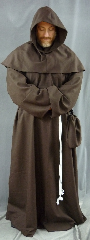 Robe:R151, Robe Style:Monk's Robe with removable hooded cowl, Robe Color:Brown, Front/Collar:keyhole neck, Approx. Size:XL to XXXL, Fiber:Worsted Wool Gabardine, Neck:Up to 23", Neck Length:27", Sleeve:38", Chest:Fits up to 62" (67"), Length:63", Height:6'3", Note:Comes with Rope Belt and Pouch.