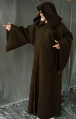 Robe:R153, Robe Style:Jedi Robe Episode I Obi-Wan, Robe Color:Brown, Front/Collar:Hooded with Brown cloth-covered hook and eye, Approx. Size:XL to XXXL, Fiber:Basket Weave Textured Wool, Neck:Up to 21", Neck Length:25", Sleeve:37", Chest:Fits up to 64" (68"), Length:64", Height:Up to 6'4".